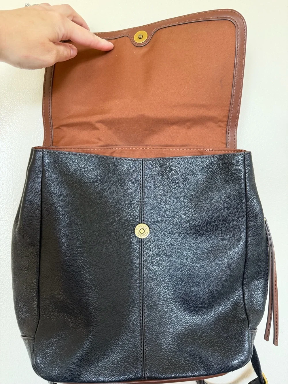 FOSSIL Black Pebbled Leather Backpack with Brown Trim